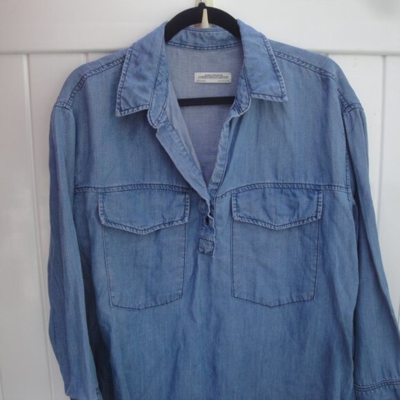 ZARA Blouse Women's Size Med Blue Chambray Denim Collection Distressed - Picture 3 of 5